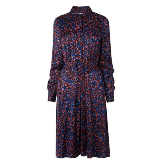 LK Bennett Leopard Celest Long Sleeve Satin Midi Dress Size 4 red blue animal - Picture 1 of 10